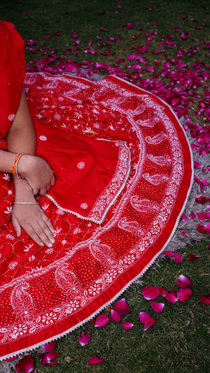 Showstopper Red Lotus And Mukaish Lehenga On Pure Chanderi