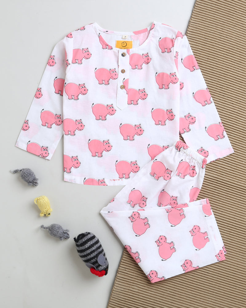 The Cheerful Hippo- Unisex Kids Cotton Nightwear