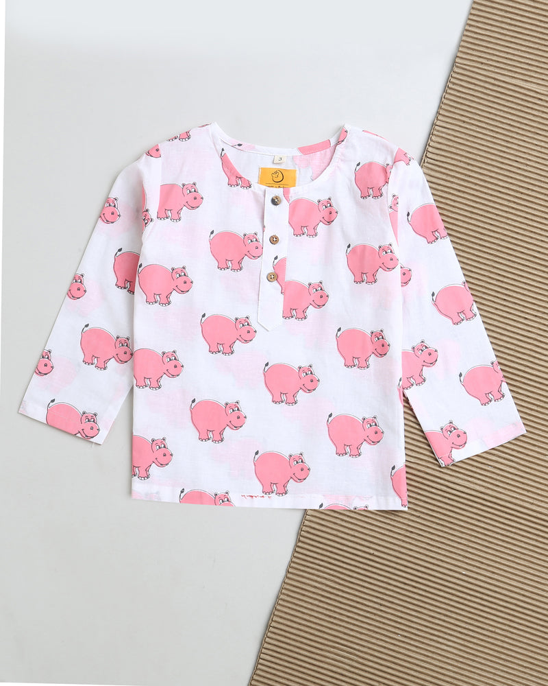 The Cheerful Hippo- Unisex Kids Cotton Nightwear