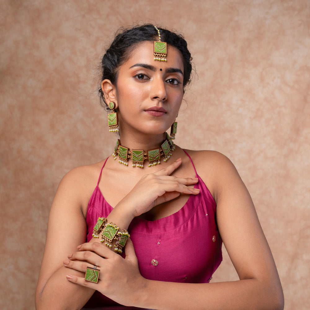 Kantha Green Repurposed Silk Fabric and Wood Maang Tika