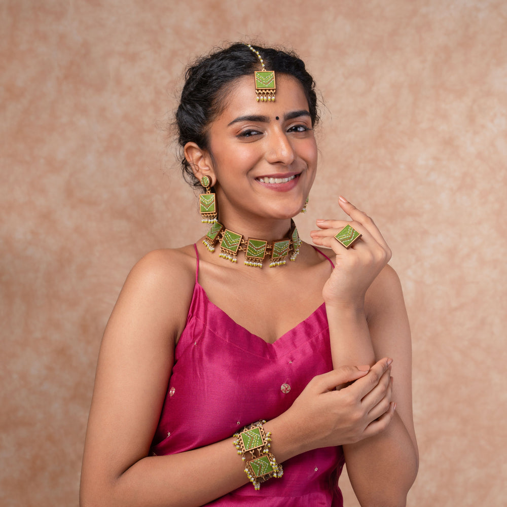 Kantha Green Repurposed Silk Fabric and Wood Maang Tika