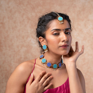 Turquoise Kantha Repurposed Silk Fabric and Wood Maang Tika