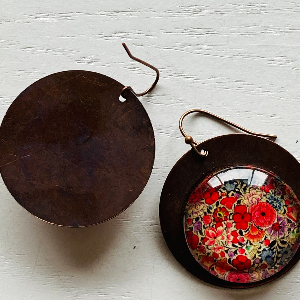 Round Copper Earrings with Glass - Naqashi