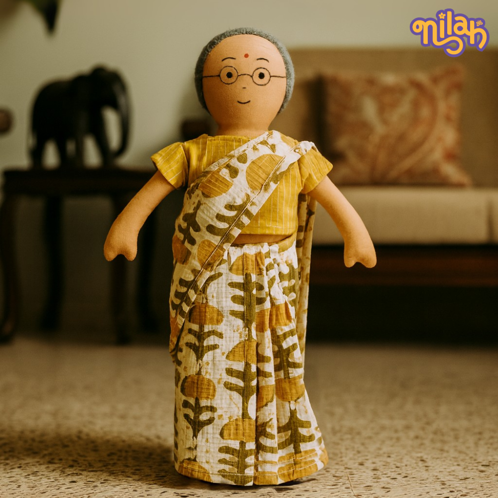 Single Doll - Nilah's Paati in Yellow Saree, Warm, Cotton Fabric Toy