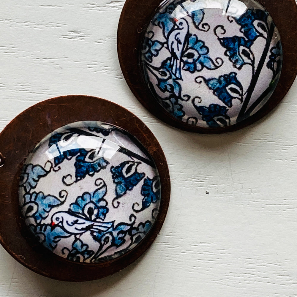 Round Copper Earrings with Glass - Patachitra Bird