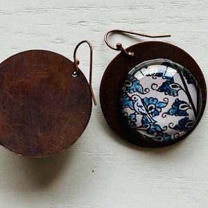 Round Copper Earrings with Glass - Patachitra Bird