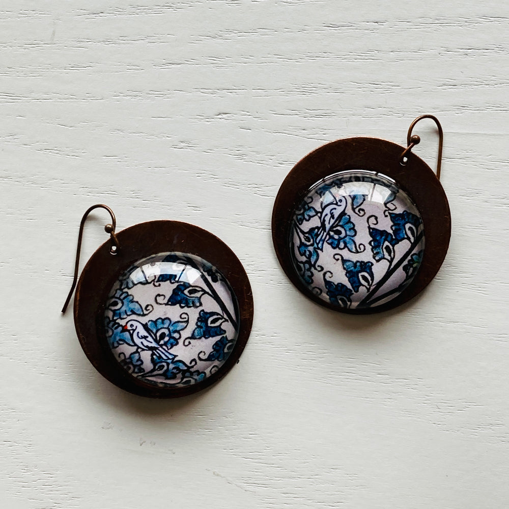 Round Copper Earrings with Glass - Patachitra Bird