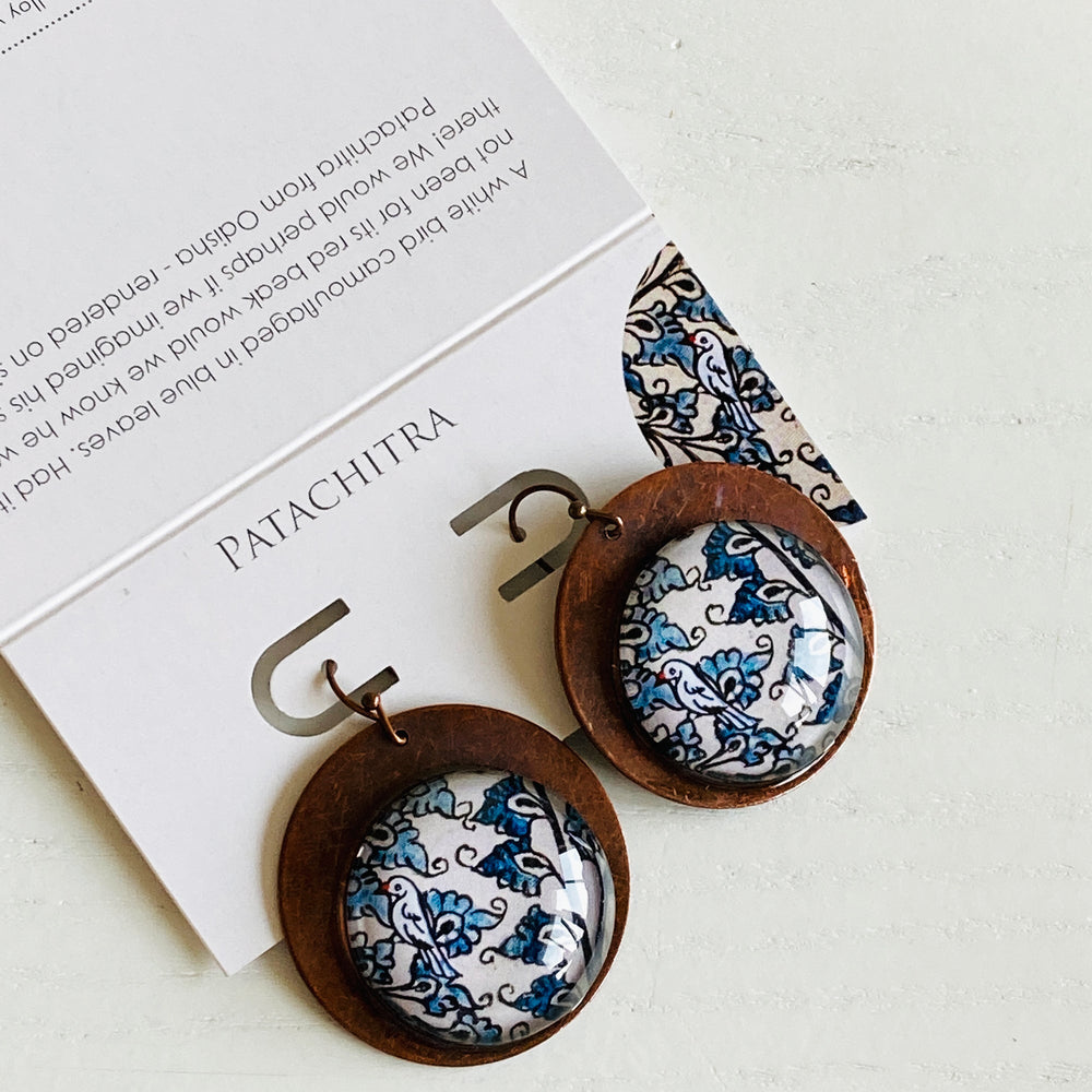 Round Copper Earrings with Glass - Patachitra Bird