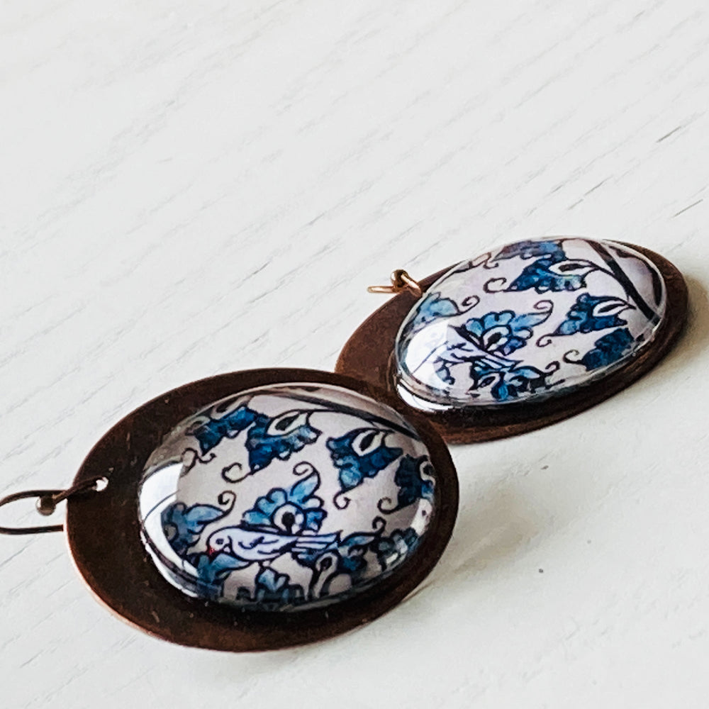 Round Copper Earrings with Glass - Patachitra Bird