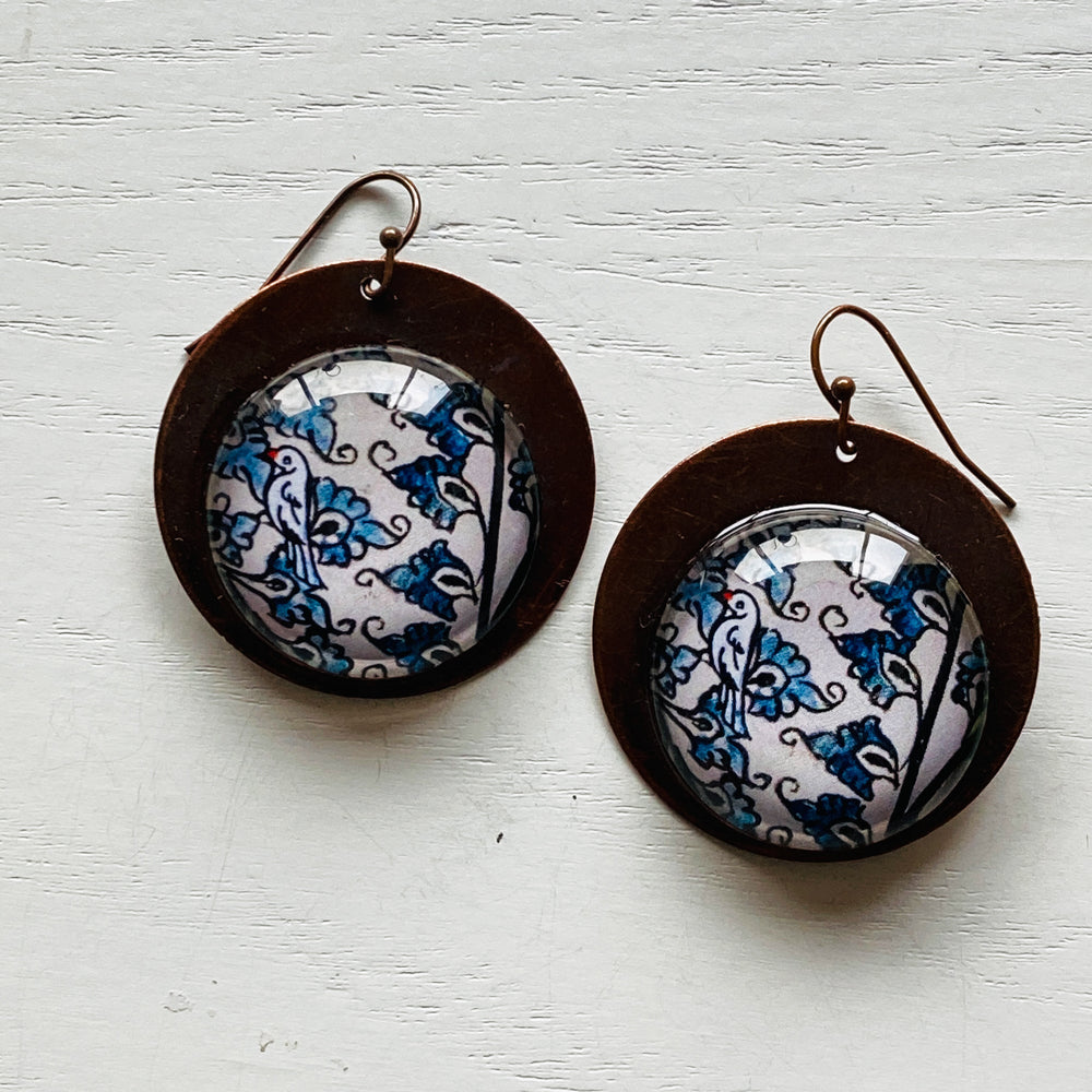 Round Copper Earrings with Glass - Patachitra Bird