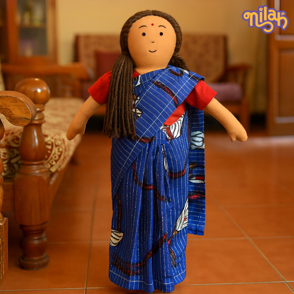 Single Doll - Nilah's Amma, Warm in Blue Saree, Cotton Fabric Toy