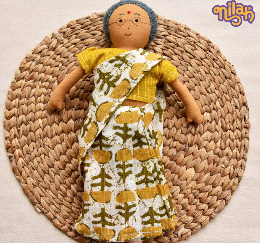 Single Doll - Nilah's Paati in Yellow Saree, Warm, Cotton Fabric Toy