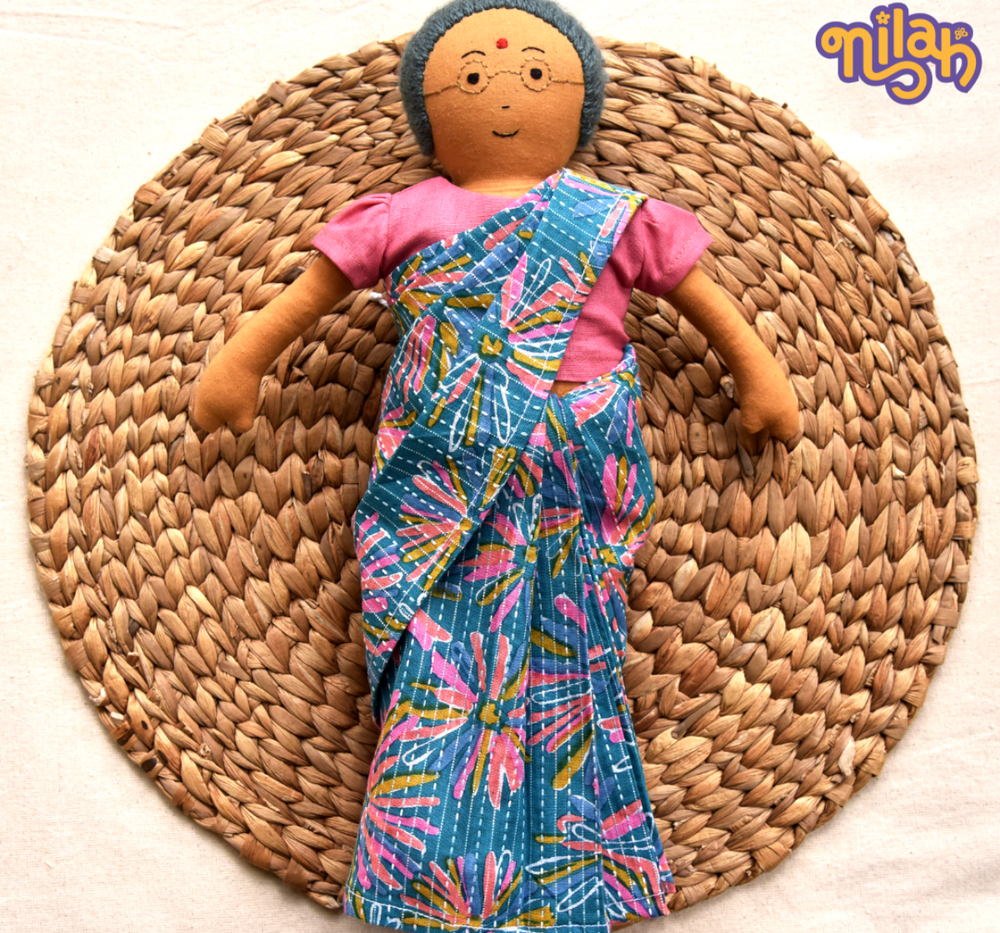 Single Doll - Nilah's Tatha in Blue Saree, Warm, Cotton Fabric Toy