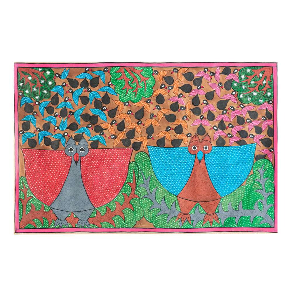 BENGAL PATTACHITRA : Two Owls : Red and Blue