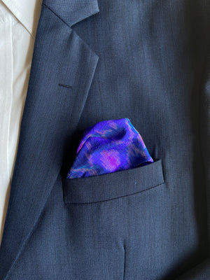 
                
                    Load image into Gallery viewer, Raw Silk Pocket Squares in Blue Ikat &amp;amp; Solid Magenta - Set of 2
                
            