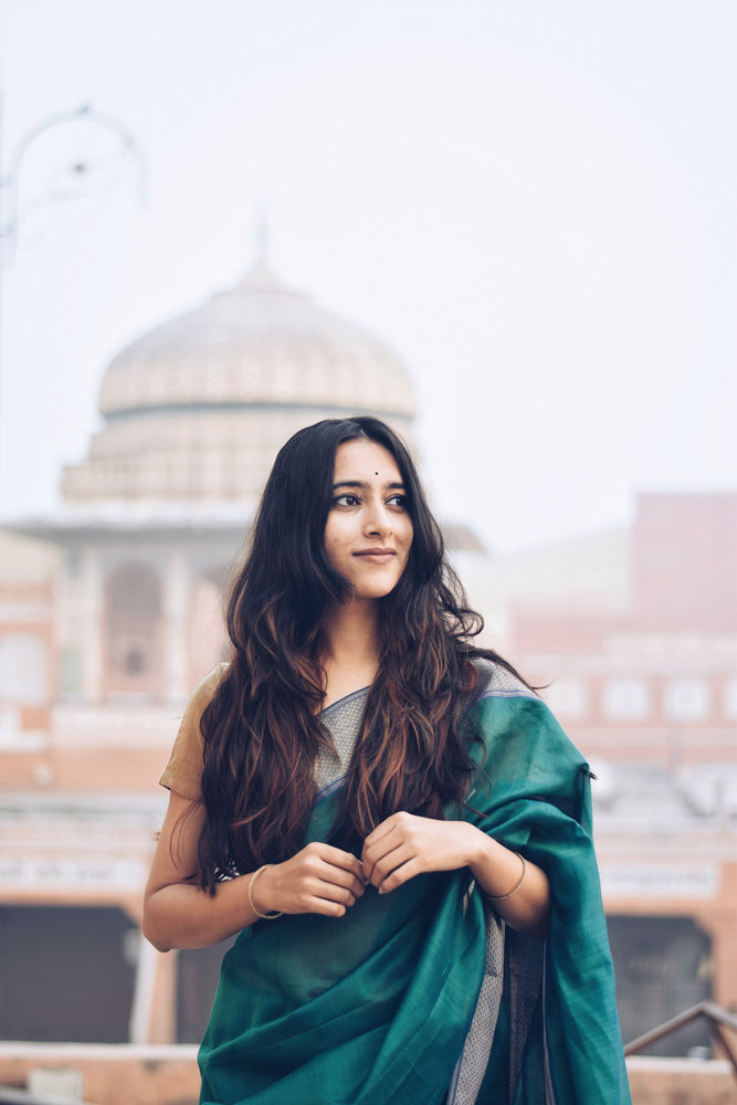 Kaisori Chanderi Silk Cotton Saree - Green