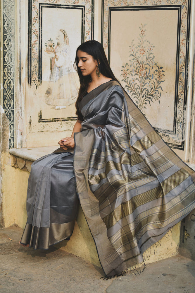 Kaisori Chanderi Silk Cotton Saree - Grey