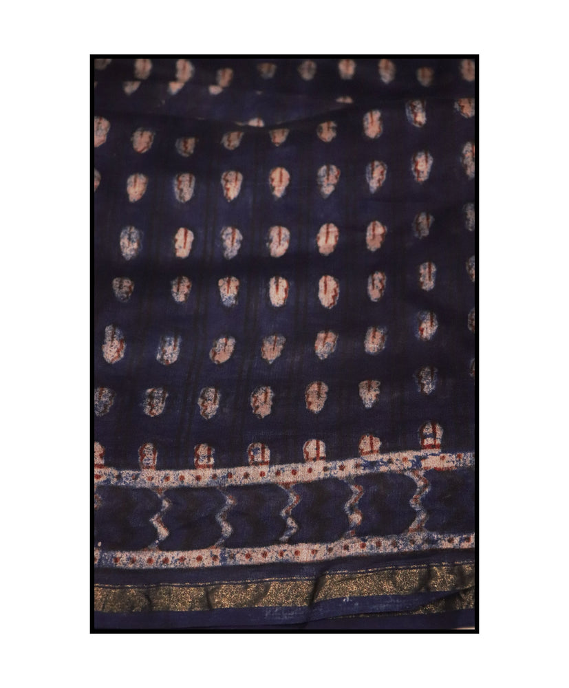 
                
                    Load image into Gallery viewer, Handloom Indigo Dabu Silk X Cotton Saree
                
            