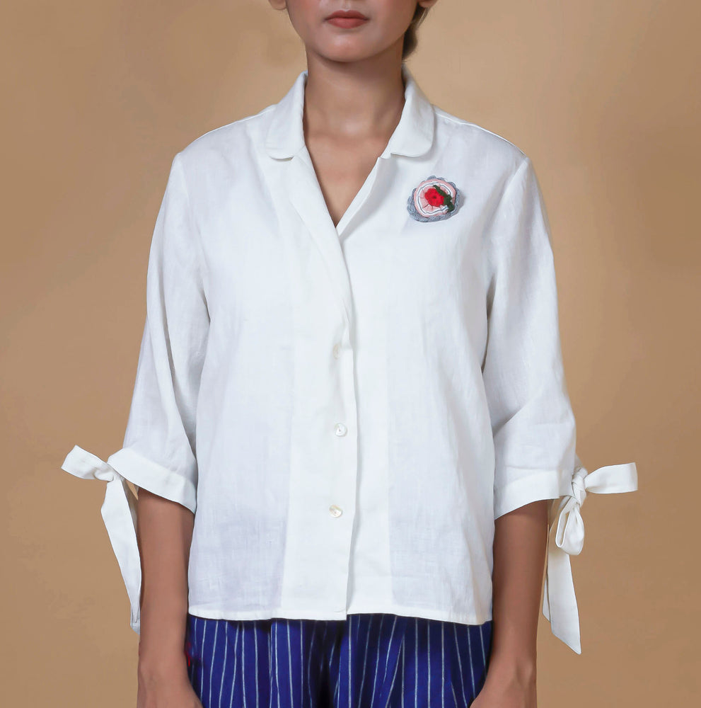 Handwoven Linen Button Up Shirt with Notched Lapel Collar