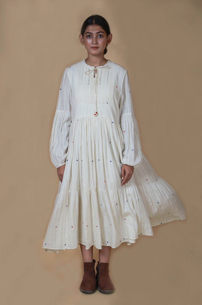Ivory Hand Embroidered Tiered Dress in Hand Woven Cotton Muslin