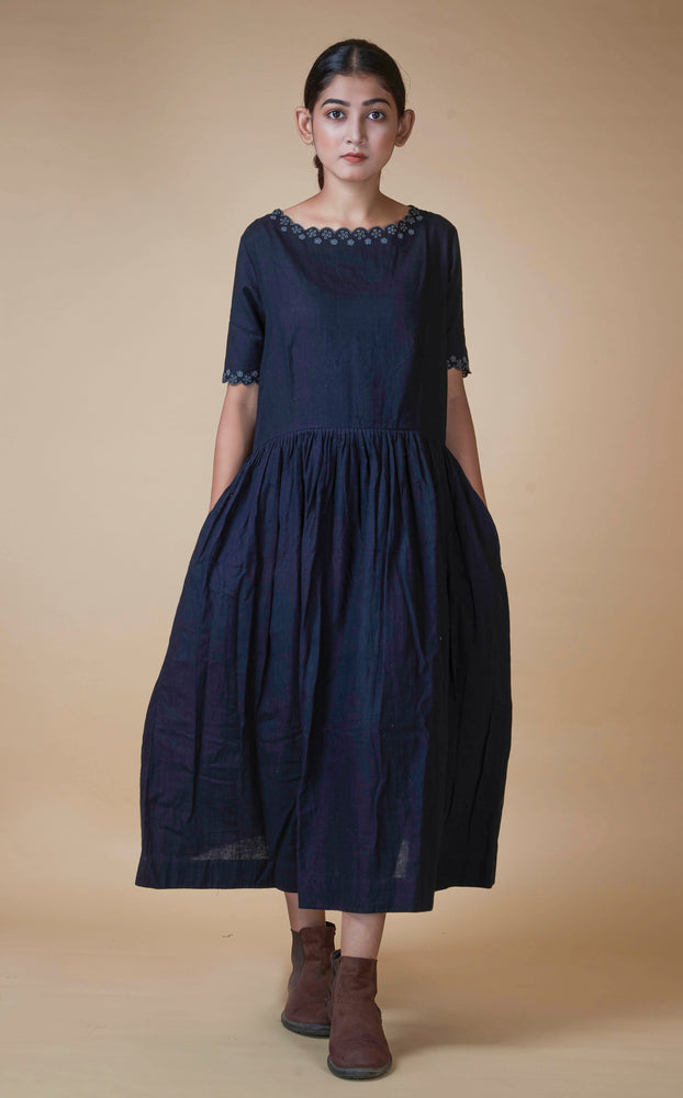 Black Hand Embroidered Dress in Hand Woven Cotton