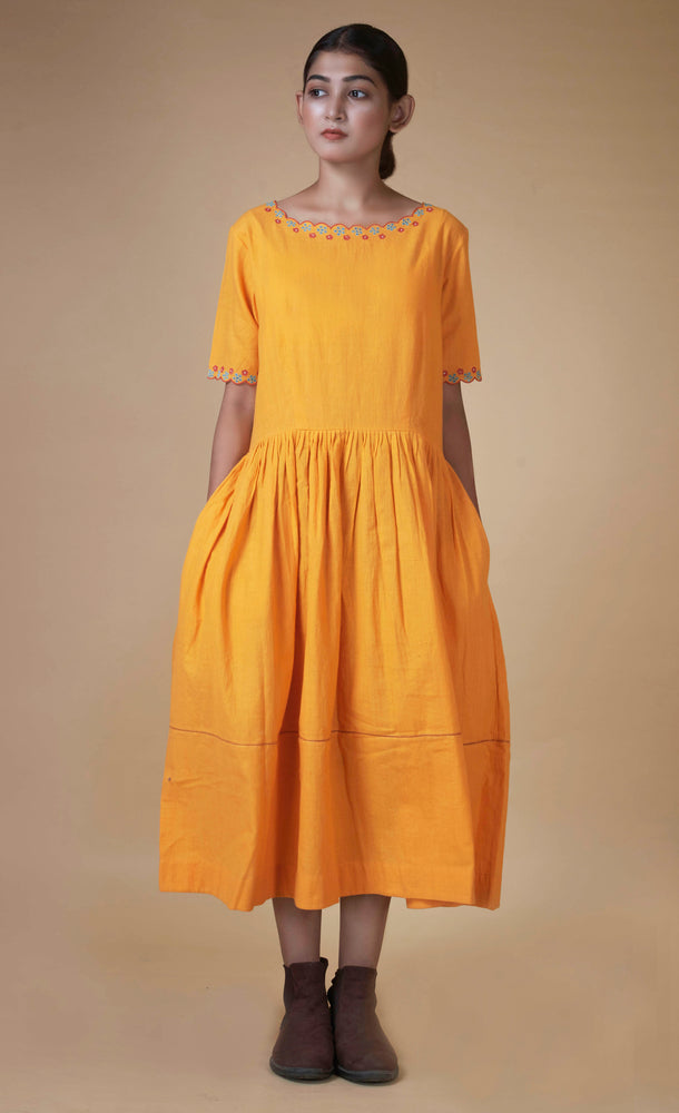 Mustard Hand Embroidered Dress in Hand Woven Cotton