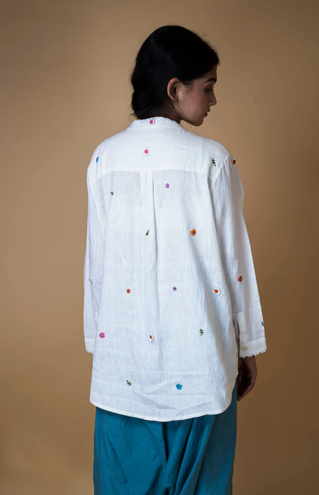 Handwoven Linen Shirt with Hand Embroidery and Hand Crocheted Lace