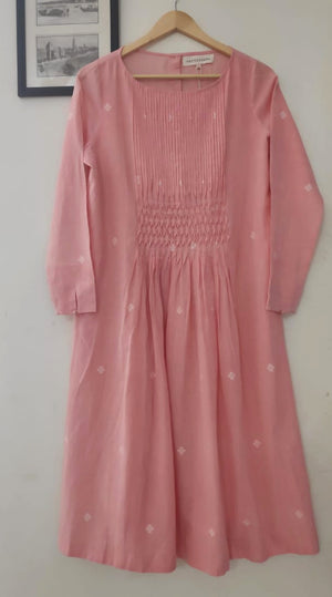 Barfi handwoven Jamdani Dress with pleats and tucks details