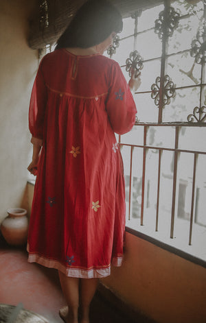 Balloon Sleeves Red Floral Dress