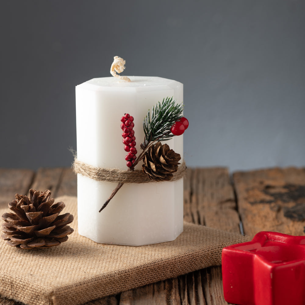 White Hexagon with Tied Pine Cone