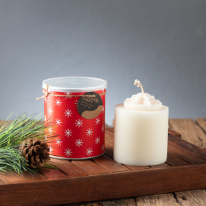 
                
                    Load image into Gallery viewer, White Star Pillar Candle in Christmas Can
                
            