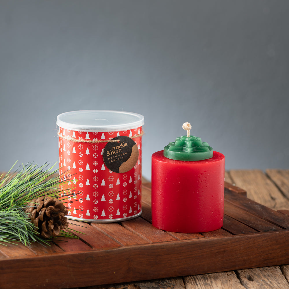 Red Star Pillar Candle in Christmas Can