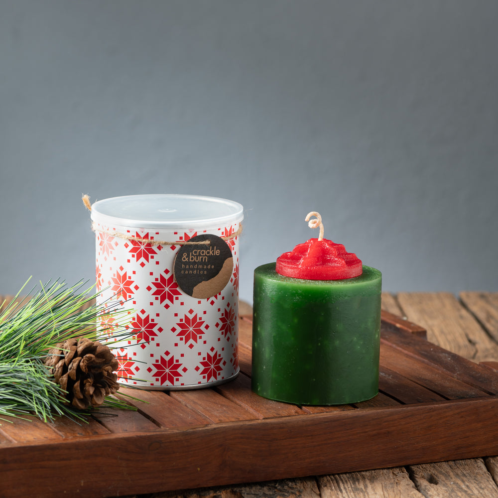Green Star Pillar Candle in Christmas Can