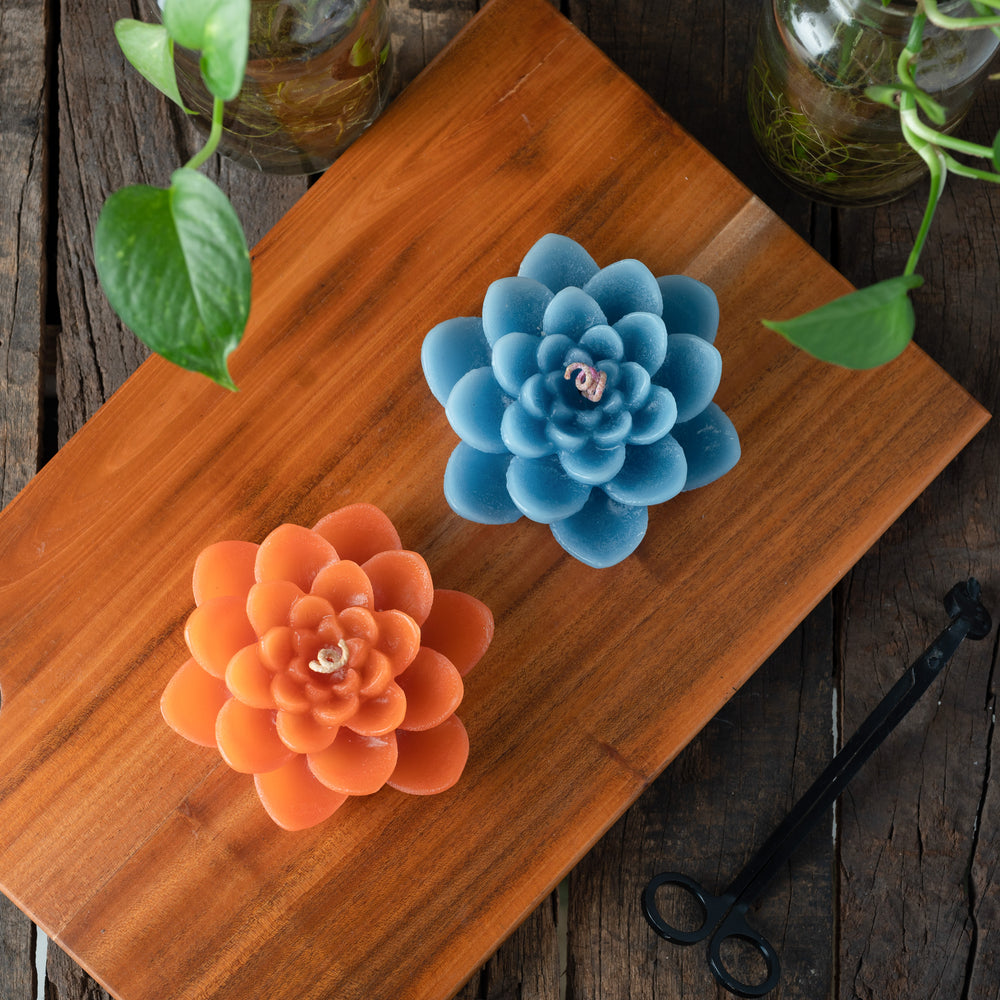 
                
                    Load image into Gallery viewer, Box Set Of 2 Floral-Scented Lotus Candles (Blue &amp;amp; Orange)
                
            