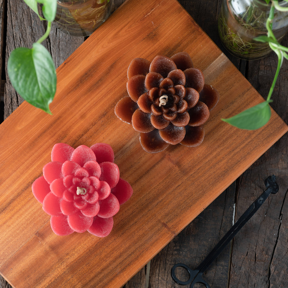 Box Set Of 2 Floral-Scented Lotus Candles (Red & Brown)