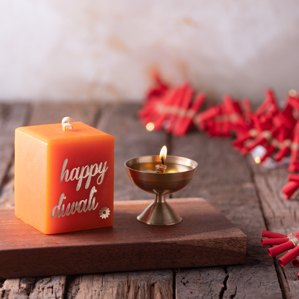Orange & Gold “HAPPY DIWALI” Message Candle