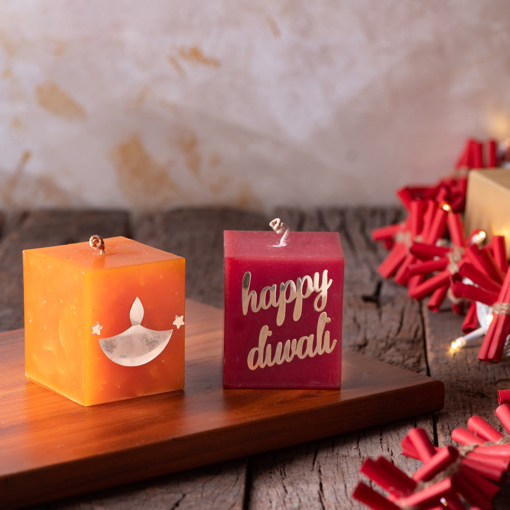 Set of 2 “HAPPY DIWALI” Candles in gold gift box (Red & Orange)