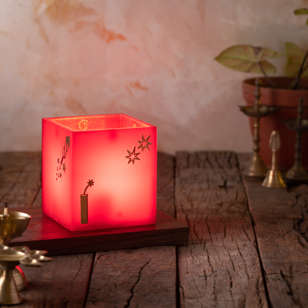 Red Firecracker Hurricane Candle with rose-scented votive