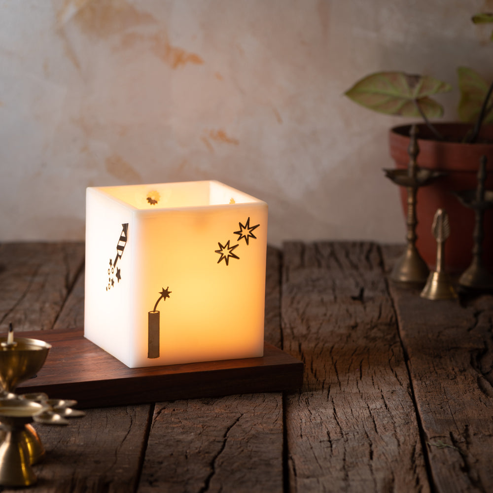 White Firecracker Hurricane Candle with vanilla-scented votive