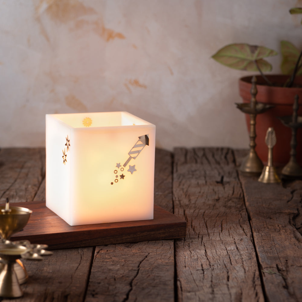 White Firecracker Hurricane Candle with vanilla-scented votive