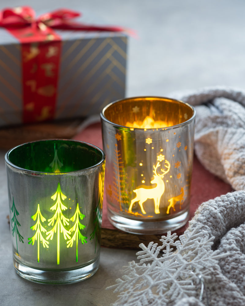 Set of 2 Christmas-Themed Candle Glasses with Tealight Candles