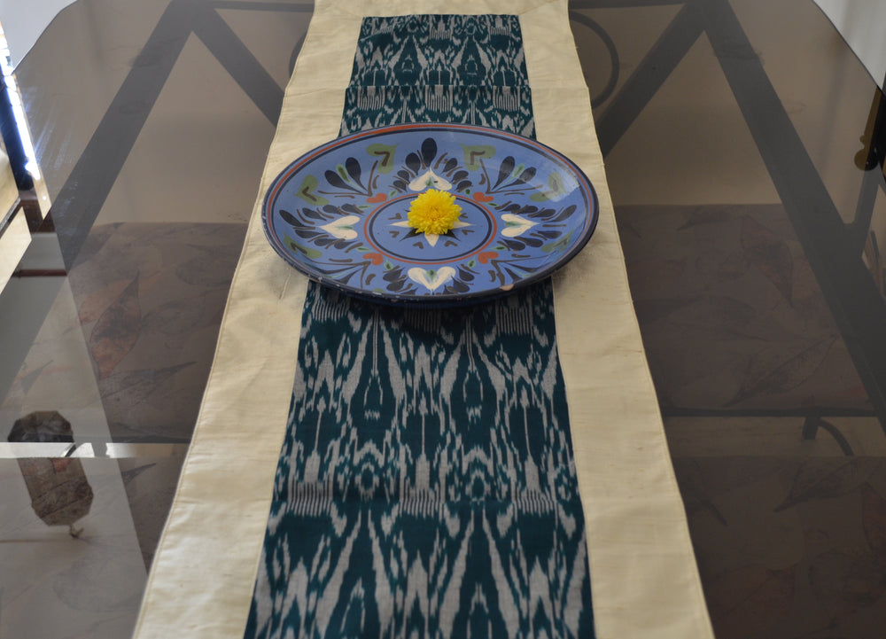 
                
                    Load image into Gallery viewer, Green Table Runner in Ikat &amp;amp; Raw Silk
                
            