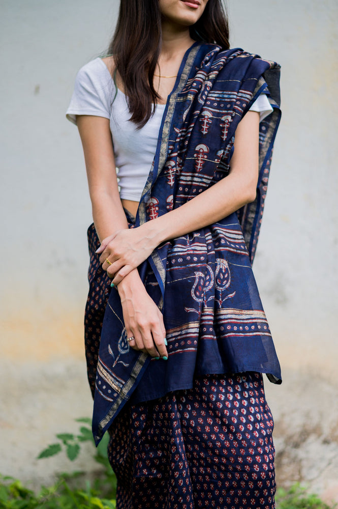 Handloom Indigo Dabu Silk X Cotton Saree