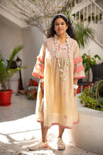 Beige Lotus Jamdani -Flared Dress with Short Yoke