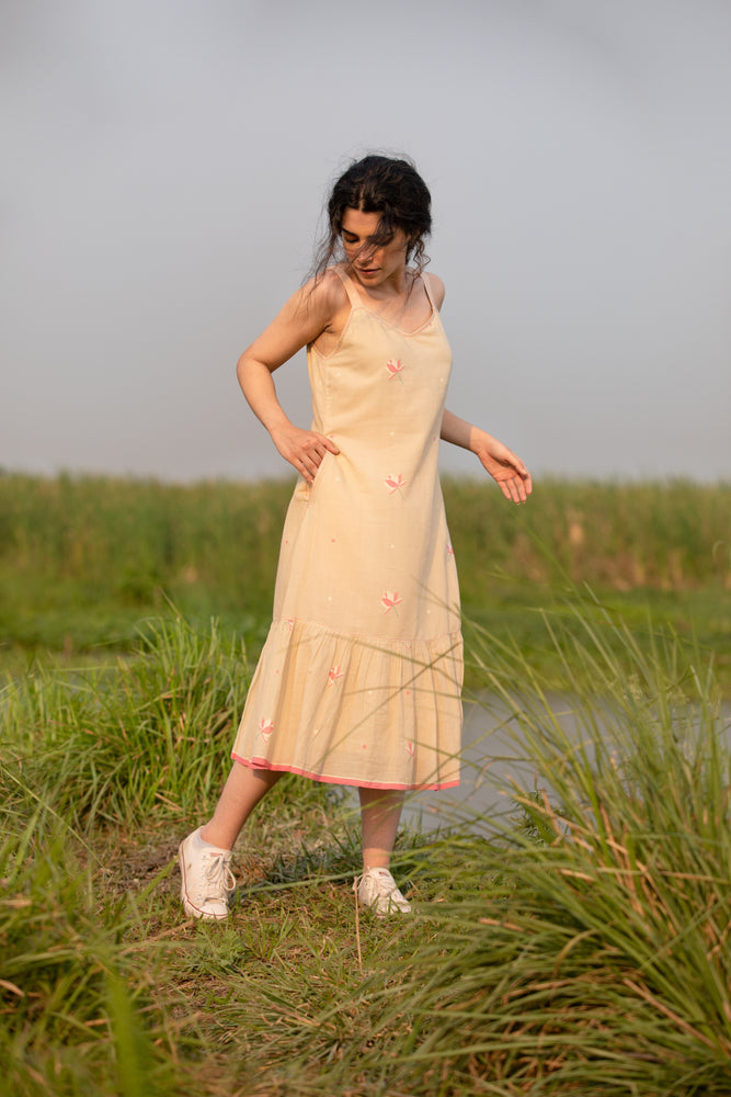 Beige Lotus Jamdani - Frill Sleeveless Dress