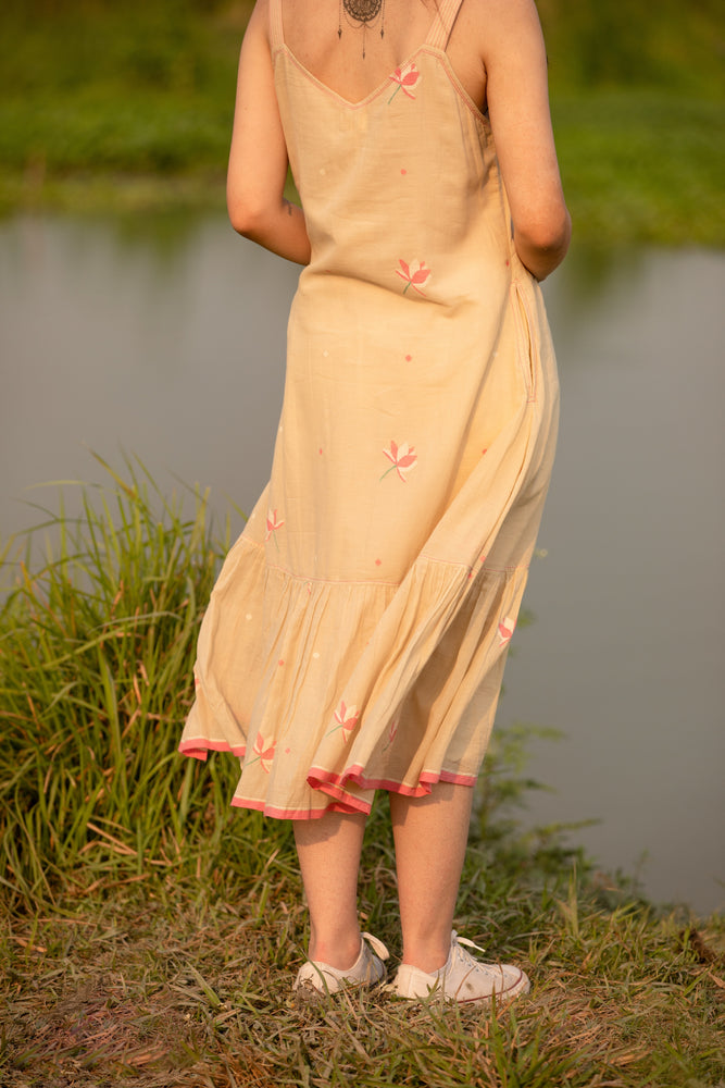 Beige Lotus Jamdani - Frill Sleeveless Dress