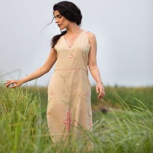 Beige Lotus Jamdani -Sleeveless Dress