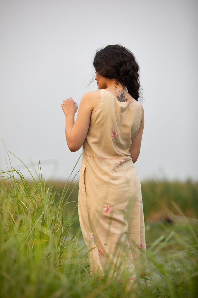 Beige Lotus Jamdani -Sleeveless Dress