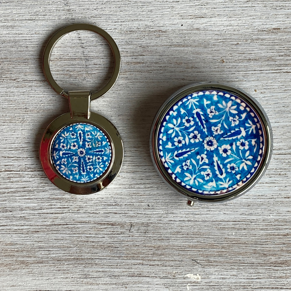 Gift Pack – Pill Box And Key Ring - Blue Pottery