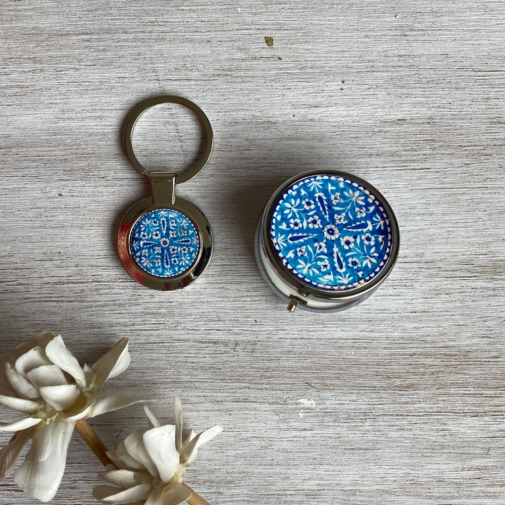 Gift Pack – Pill Box And Key Ring - Blue Pottery